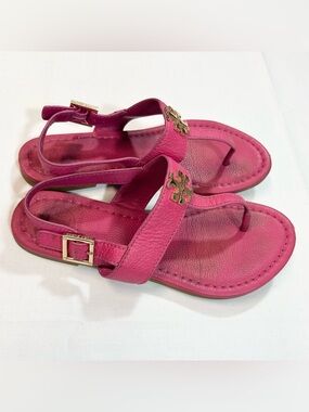 Tory Burch Women’s Size 6 Laura Flat Sandals Tumbled Leather Thong Carnation Red